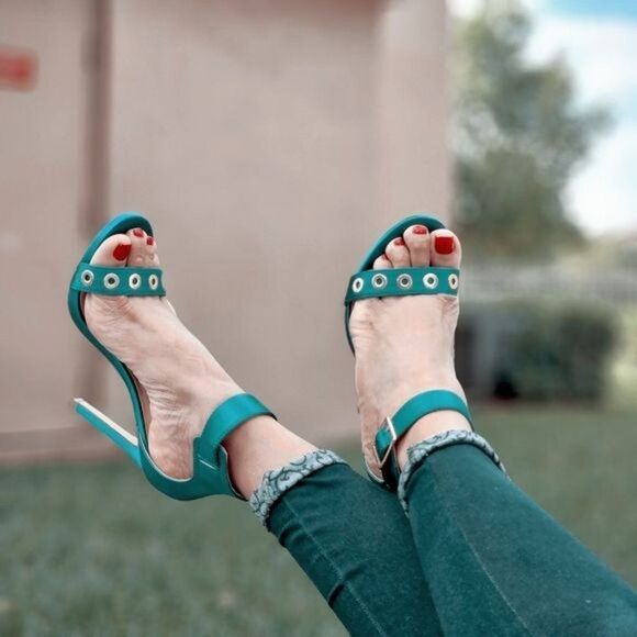 Women's Strappy Ankle High Heel Sandals Teal Color - Picture 4 of 7